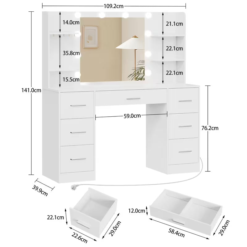 Tocador con Espejo y Luces LED y Cajones